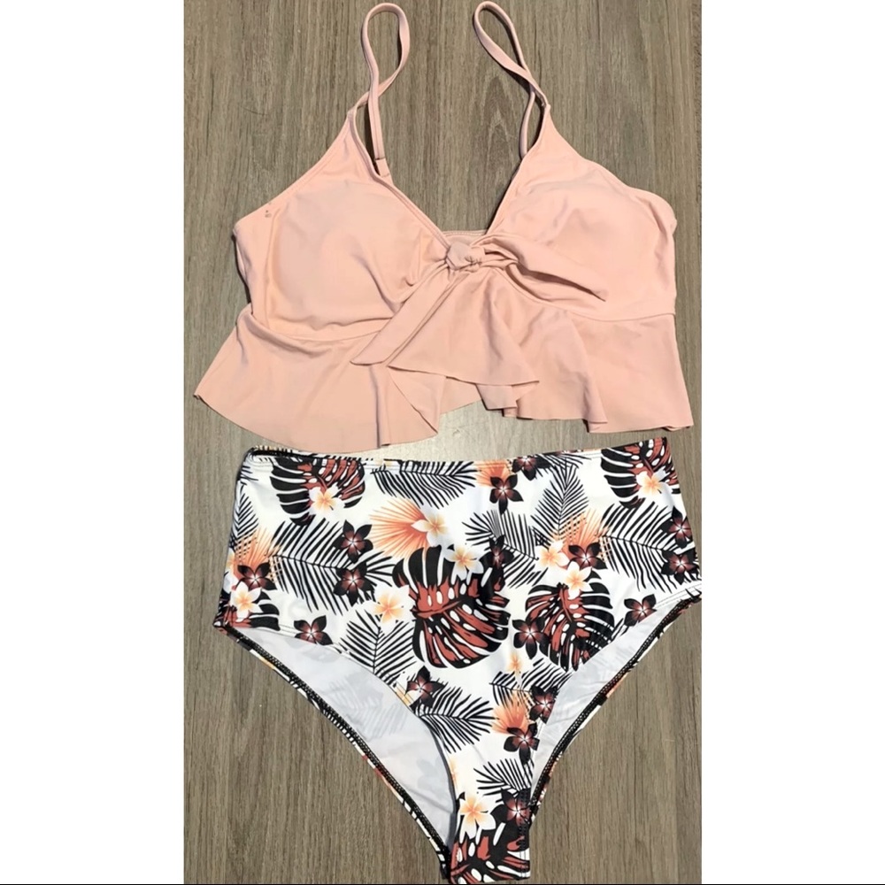 SHEIN Tropical FrontKnot Ruffle HighWaisted Bikini